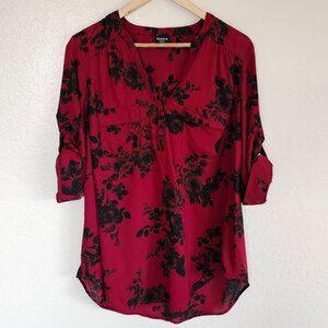 Torrid Harper Red & Black Rose Print Blouse 3/4 Sleeve Womens Size 00